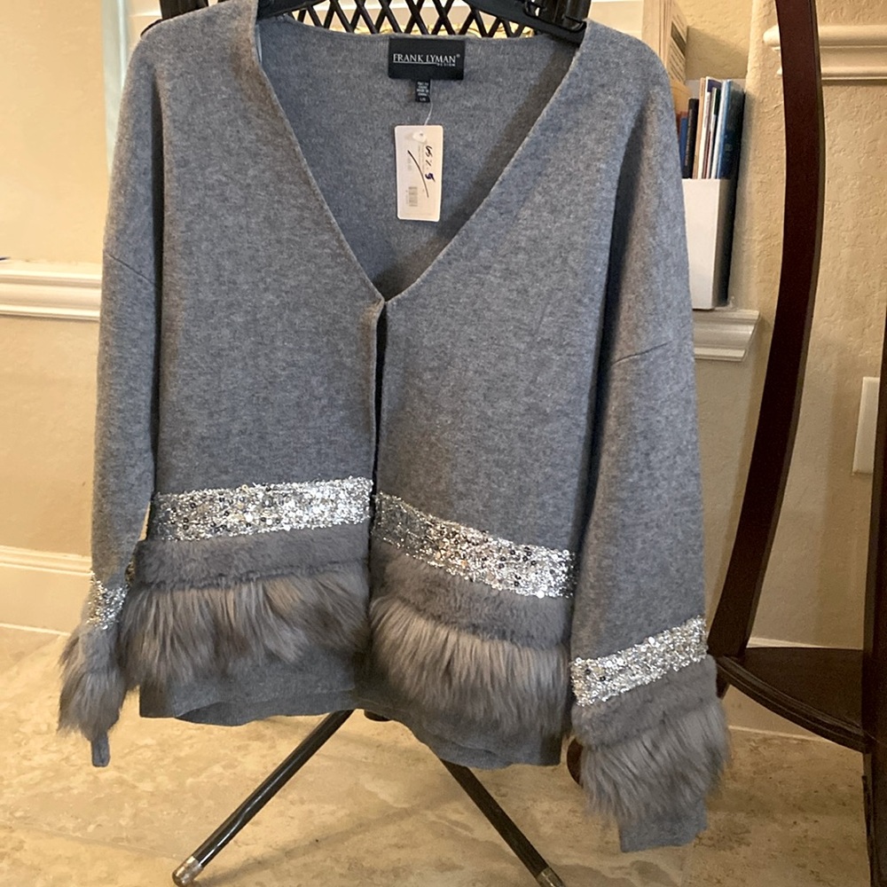 Frank Lyman Design - Size Large - Grey Faux Fur and Silver Sequin Sweater